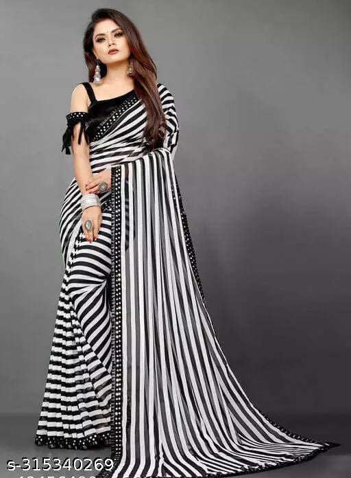 Banarasi Lycra Blend Zebra Patta Black and White Line Party Wear Saree By Kraddle
