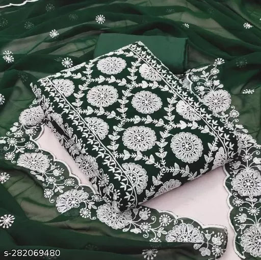 New Fancy Embroidered Double Layer Thread work Unstiched Salwar Suits & dress Materials Green Colour