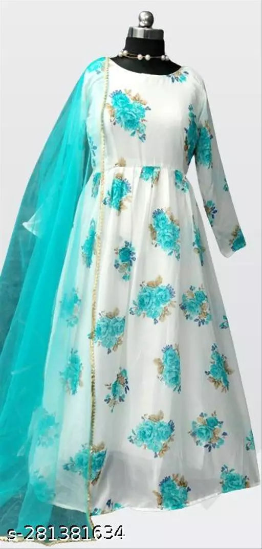 QVAZOR Stylish Fancy Trendy Printed Georgette Gown For Women For Party Wedding Festival Functions