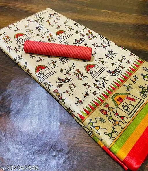 WARLI PRINTED KHADI SILK BLENDED LIGHT WEIGHT COMFERTABLE WEAR DESIGNER SAREE WITH BLOUSE