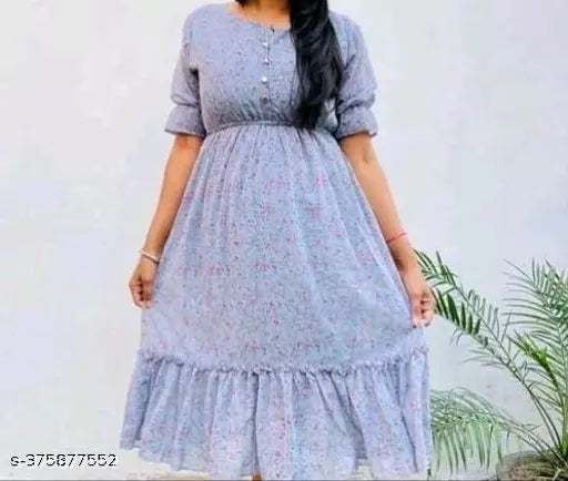 JKP COLLECTIONs Womens & Girls A-Line Dress Casual Wear Printed & Short Sleeve Dress Fabric Cotton In Color Grey