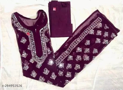 Chikankari Mirror Work Embroidered Booti Jaal Long Handwork Kurti with Inner.