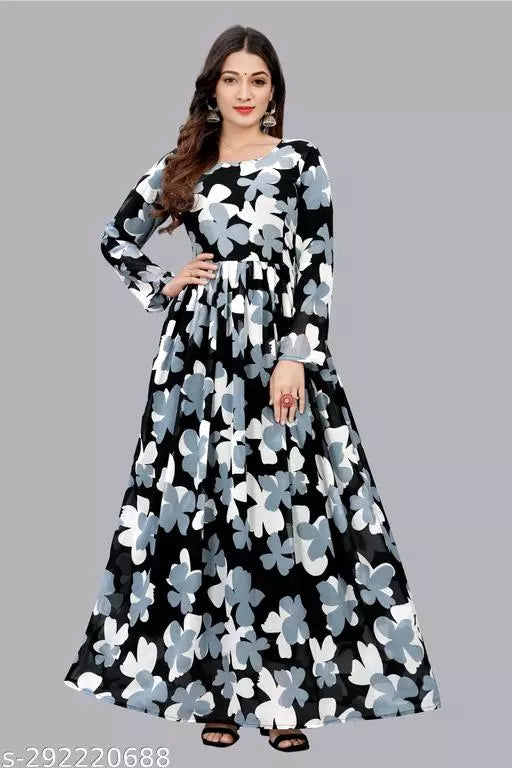 QVAZOR Stylish Fancy Trendy Printed Georgette Gown For Women For Party Wedding Festival Functions