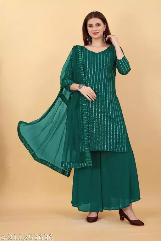 Women's Faux Georgette Sequence Embroidery Work Unstitched kurta(Dress Matirial) With Full Stitched Sharara and dupatta