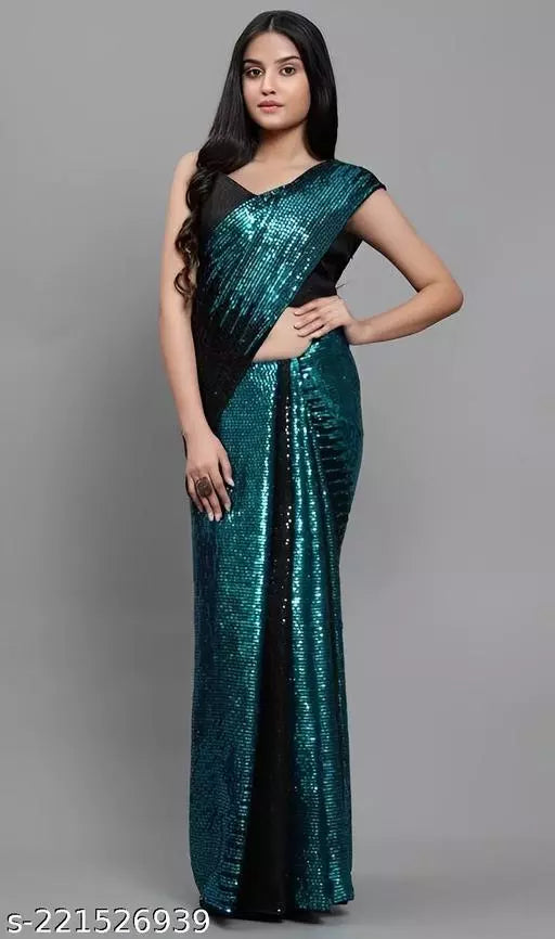 SHINE SUPER HIT TEAL DESIGNER SEQUANCE Georgette SAREES BY KRADDLE