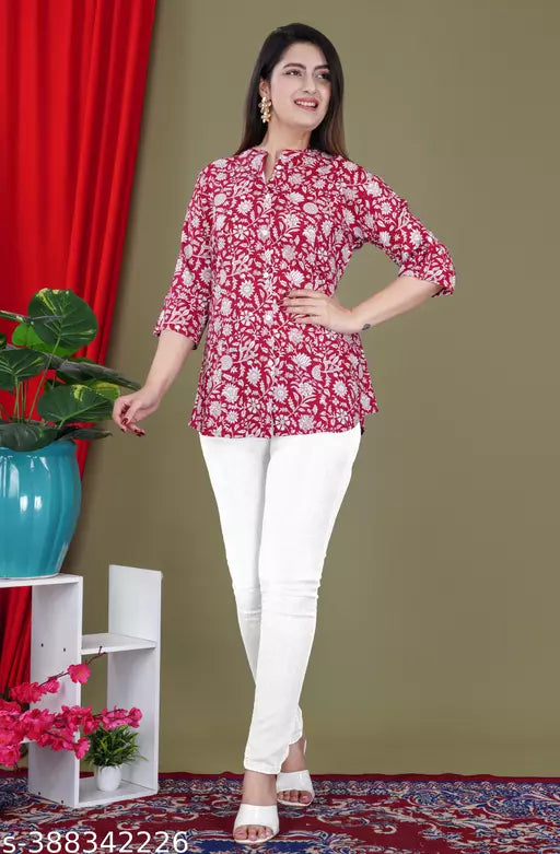 Womens fashion Floral Printed attractive Navy Blue Red flower Rayon Top top shirt style top for women with three quarter sleeves western top for women and girls Cotton/Rayon top Top Top for summer for women top on jeans top n tunic