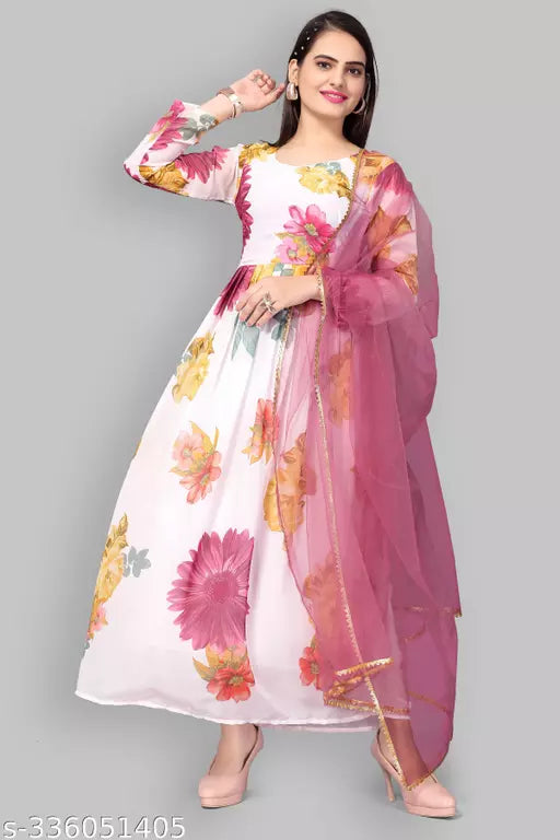 QVAZOR Stylish Fancy Trendy Printed Georgette Gown For Women For Party Wedding Festival Functions