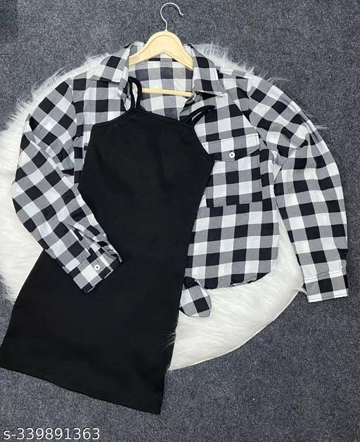 Jkp Collections Women & Girl's Combo Of Check knot Shirt + Cami Dress Shirt Fabric Cotton Crepe & Lycra Dress Dress Lenth 36 Shirt 19 Pack Of 2 Solid Dress & Shirt In Color Multicolor