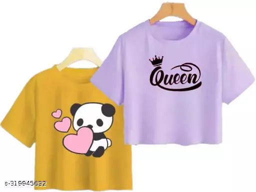 Trendy Feminine Printed Crop Tshirt Round Neck Top For Womens (Combo2)