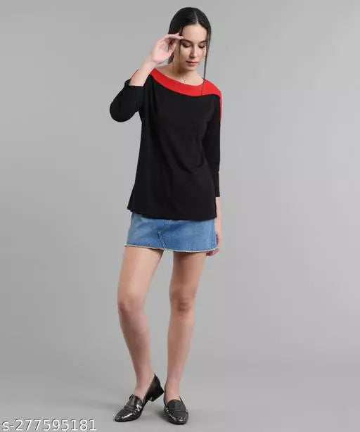 Vivient Women Black Red Shoulder T-Shirt