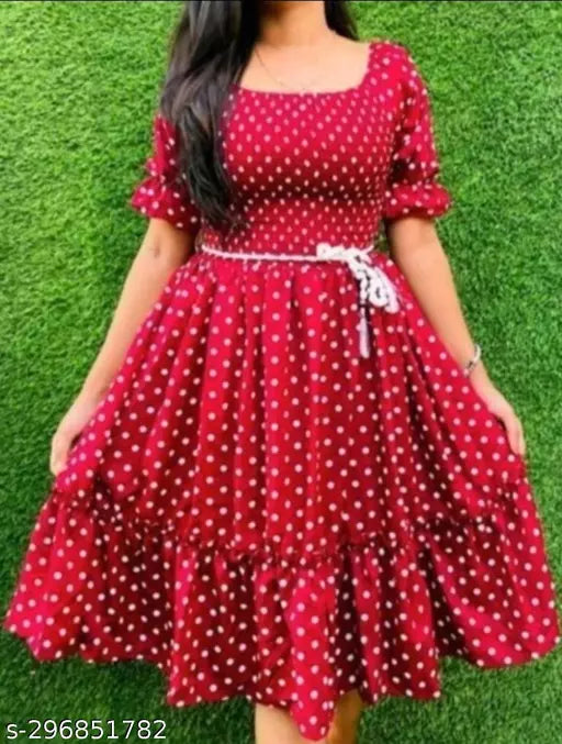 Polka dost printed women formal dress maroon