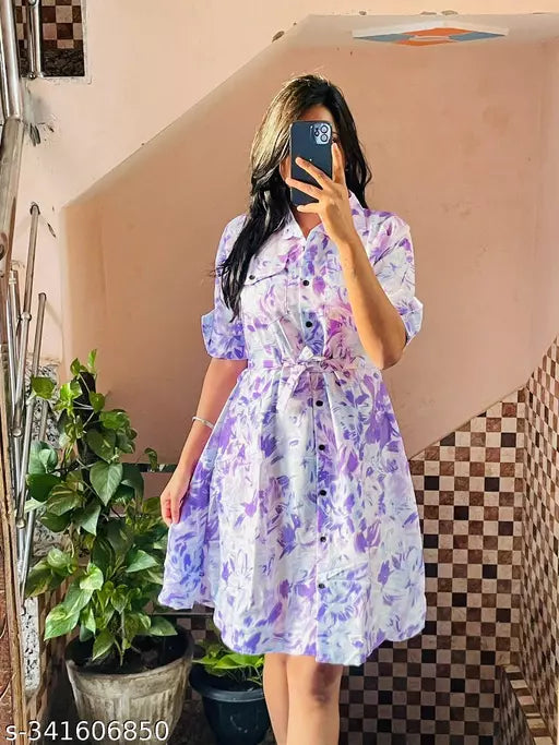 Jkp Collection Womens & Girls A-Line Dress Casual Wear Printed & Short Sleeve Dress Fabric Cotton In Color Lavendar
