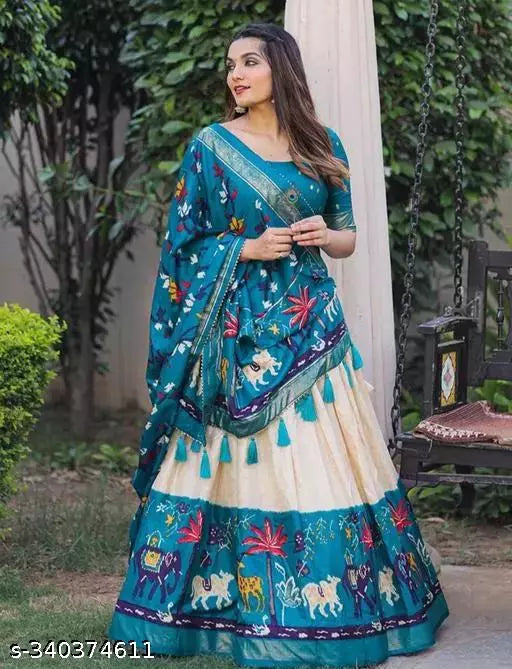 Elegant Pink and Cream Teal Printed Lehenga Choli with Dupatta - Foil Print & Gotta Patti Patola - Part of Gujarati Collection - Ethnic Attire