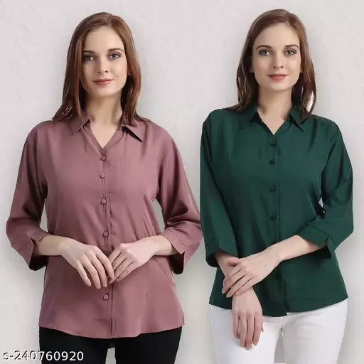 Trendy Women Regular Fit Solid Spread Collar Casual Shirt(Pack Of 2)