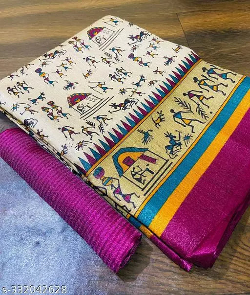 WARLI PRINTED KHADI SILK BLENDED LIGHT WEIGHT COMFERTABLE WEAR DESIGNER SAREE WITH BLOUSE