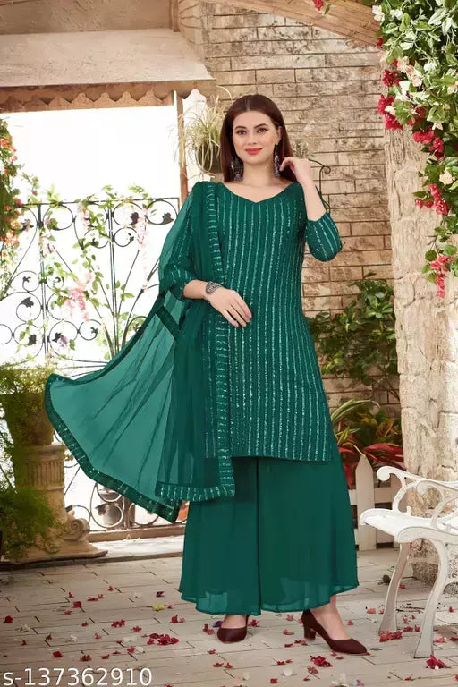 Women's Faux Georgette Sequence Embroidery Work Unstitched Top With Full Stitched Sharara and dupatta