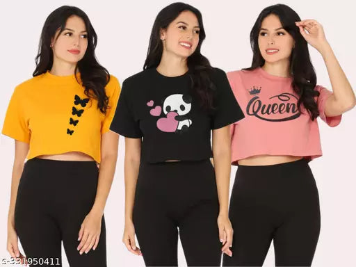 Trendy Feminine Printed Crop Top Round Neck Top For Womens (Pack Of 3)
