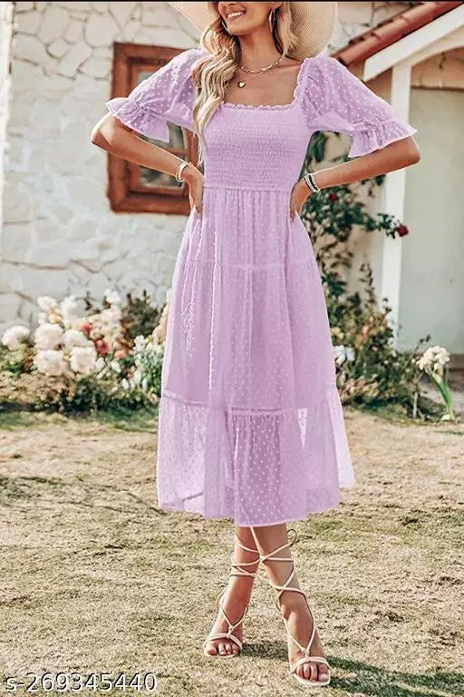Comfortable Knee-Length Midi Dress in Georgette with Smocked Bodice and Square Neck