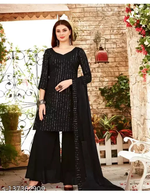 Women's Faux Georgette Sequence Embroidery Work Unstitched Top With Full Stitched Sharara and dupatta