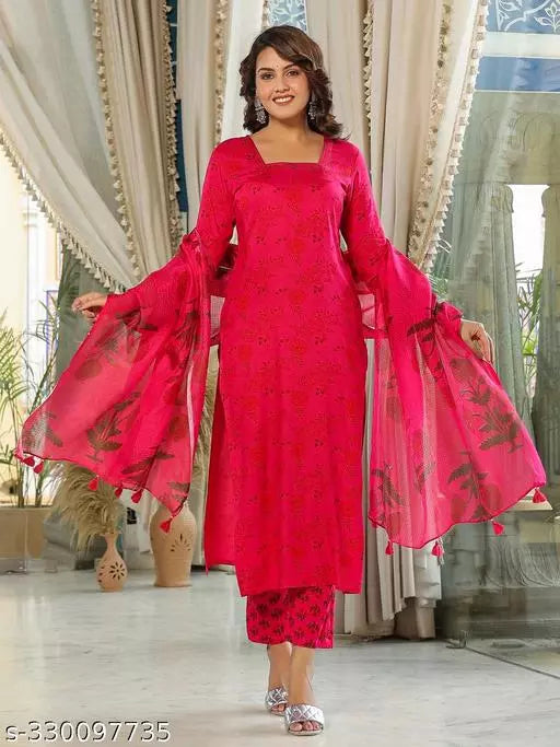 Anni Designer Women's Charming Straight Pink Floral Kurta With Trousers & Dupatta