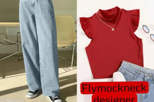 STYLISH DENIM JEANS + DESIGNER FRILL TOP COMBO TOP SIZE IS FREE(28/34) JEANS SIZE WAIST KE ACCORDING
