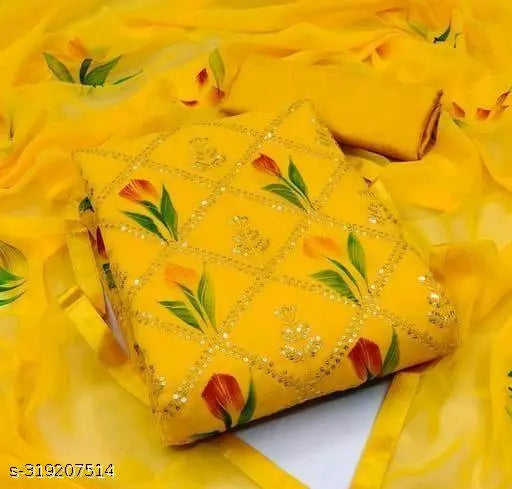 Aagyegi Sensational Gold Georgette Unstiched Patiala Party Wear Double Sequence Work Salwar Suits & Dress Materials