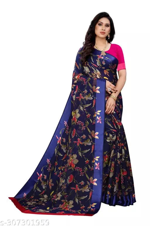 LIGHT WEIGHT BEST DESIGNER COMFERTABLE WEAR BEAUTIFUL SAREE ( CHANDERI COTTON- MIX LENIN) WITH BLOUSE