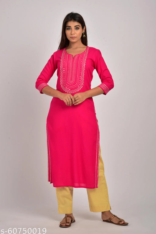 Swasti Plus Size Women Embroidered Rayon Straight Kurta Pink