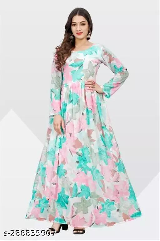 QVAZOR Stylish Fancy Trendy Printed Georgette Gown For Women For Party Wedding Festival Functions
