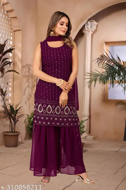 Women Faux Georgette With Embrodery Seqance Work Kurta With Sharara And Dupatta Stiched
