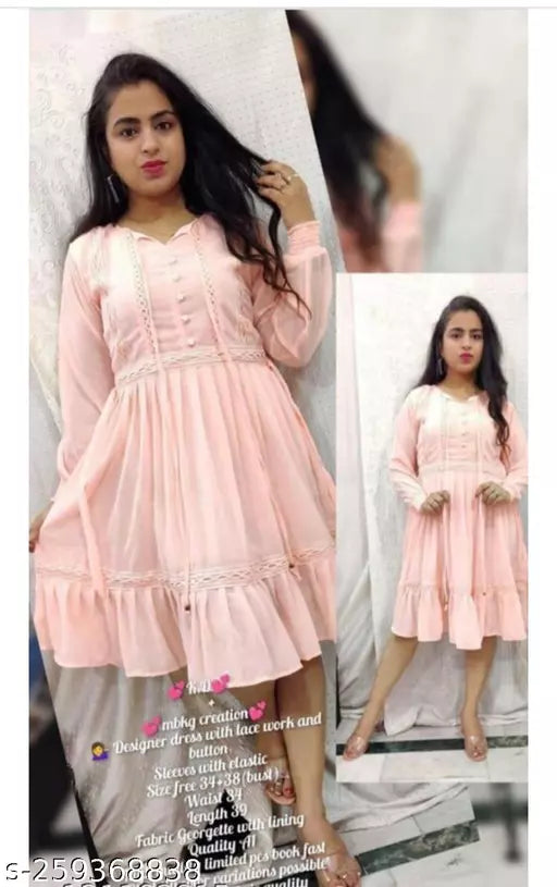 Georgette Embroidery Girls Womens Dress with Lace Midi Dress