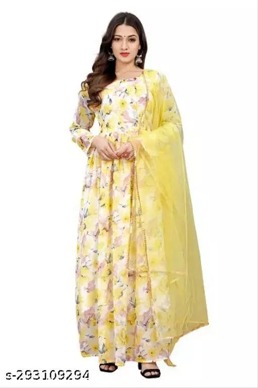 QVAZOR Stylish Fancy Trendy Printed Georgette Gown For Women For Party Wedding Festival Functions