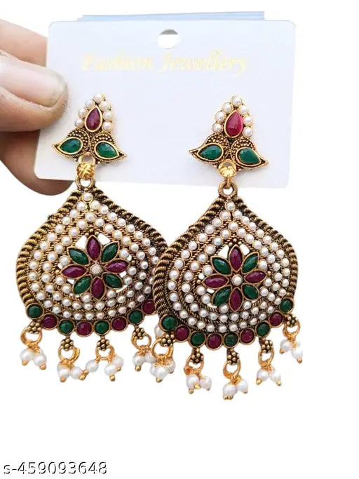 Gold Plated Kundan Earrings  Red Green Kundan Earrings - Multicolour Earrings for Women 