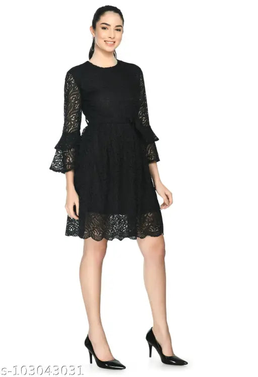 Women's Girls Fit & Flare Knee Length Flared Sleeves Lace  Black Dress