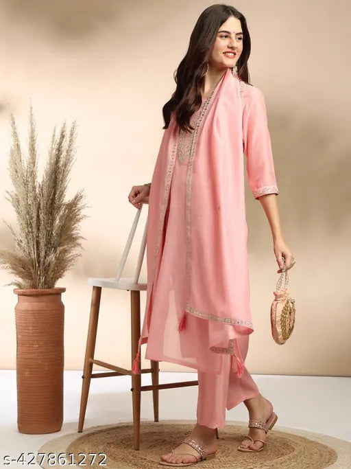 Women's Embroidered Kurta and Pant with Dupatta Set