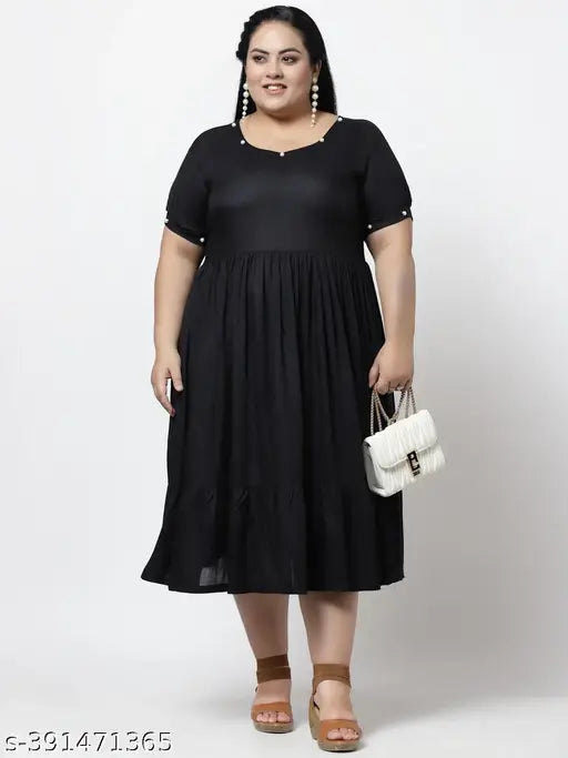 FAZZN Plus Size Rayon Knee Length Black Dress with Round Neck and Half Sleeves