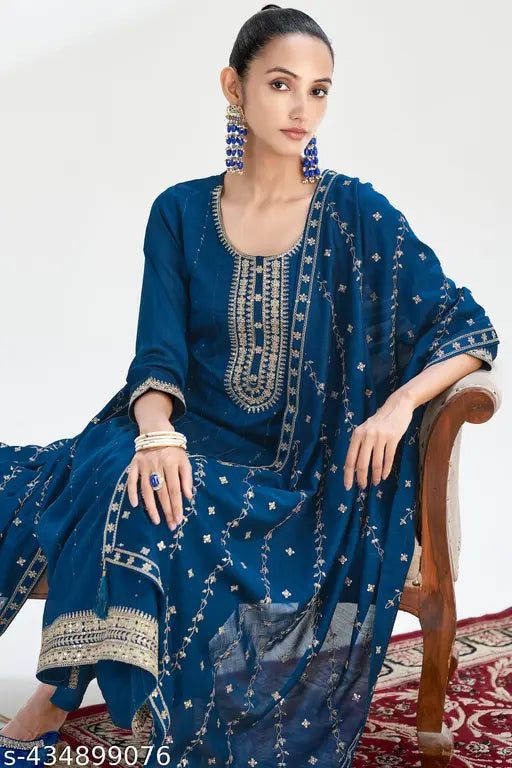 Women's Embroidered Kurta and Pant with Dupatta Set