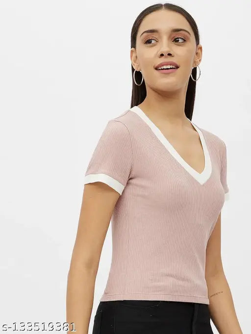 V-Neck Contrast Half Sleeve Ribbed Tops & Tunics