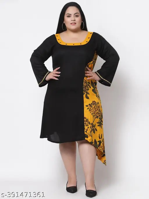 FAZZN Plus Size Customizable Knee-Length Round Neck Screen Printed Full Sleeves Rayon Dress
