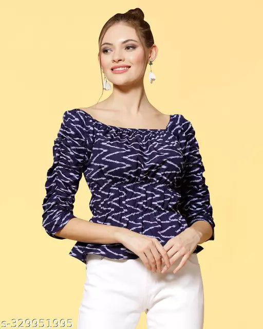 Printed Crepe Dark Blue Regular Top