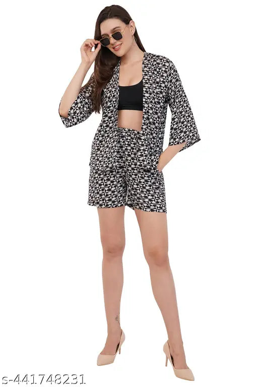 Avyola Women Trendy Geometric Print Viscose Rayon Flared Sleeves Shrug and Shorts Co-ord Set With Pockets For Beach And Summer Occasions Causal And Party Wear