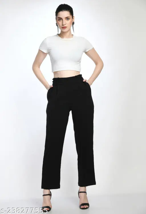 Women High Rise Paperbag Waist Solid Trouser