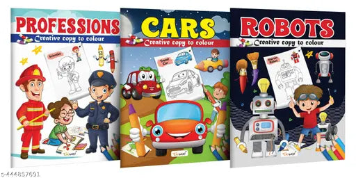 Professions  Cars and Robot - Creative Copy to Colour book : Kids Colouring Book  Copy and Color Book  Picture Coloring Book for Kids for Ages 3-12 - Combo of 3 Copy Colouring books
