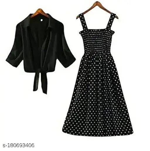 Nature Craft Women Stylish and treandy Elegant Stylish Polka Print Smoking Dress with Shrug