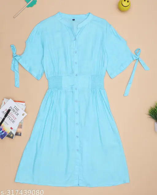 Nature Craft Sky Blue Rayon Solid Round Neck Half  Sleeve Women Dress