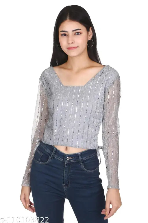 Women Drawstring Solid Shimmer Grey Top