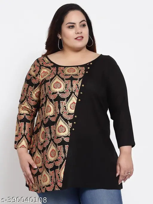 FAZZN Plus Size Black Rayon Boat Neck Full Sleeves Screen Printed Top