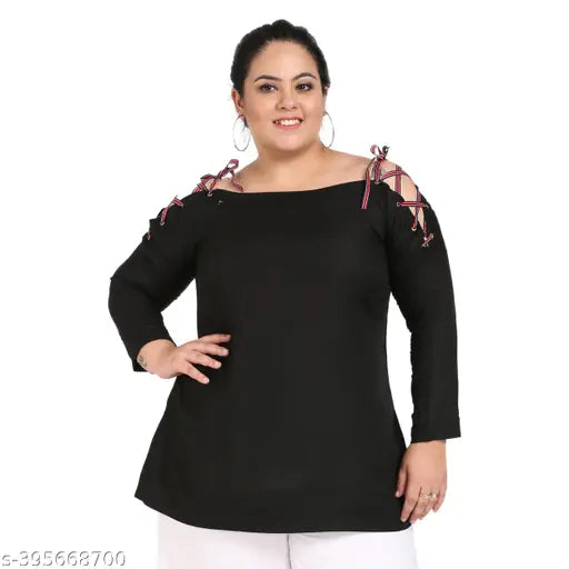 FAZZN Plus Size Chic Black Off Shoulder Full Sleeves Rayon Top
