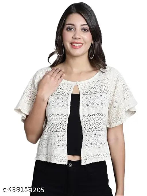 Nature Craft White Cotton Round neck 3/4 Sleeve Shrug for Women&Girls