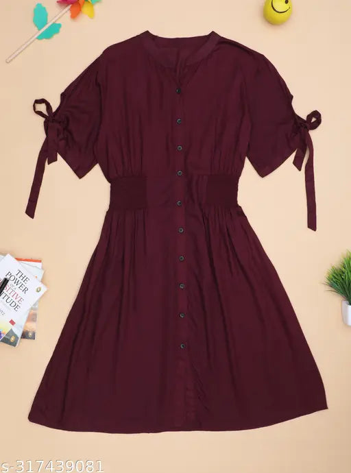 Nature Craft Maroon Rayon Solid Round Neck Half  Sleeve Women Dress